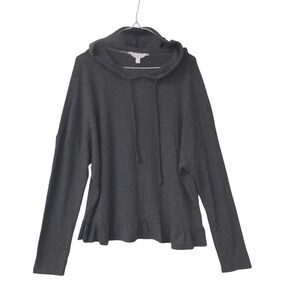 Black Sparkle Waffle Knit Hoodie Ruffle Hem Drawstring Casual Lounge Size XXL